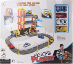 Two-story plastic garage with toy cars