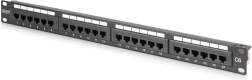 Пач панел 19" 24× RJ45 Cat 6, неекраниран, 1U, LSA, управление на кабелите, поле за означаване, черен