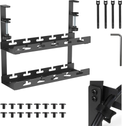Under-desk cable organizer with double shelf 40 cm with clamp