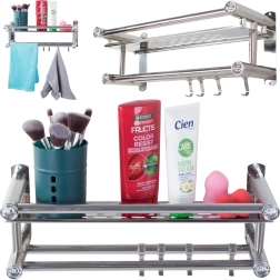 Висяща баня рафт с куки и двойна пръчка за кърпи, алуминий, сребриста