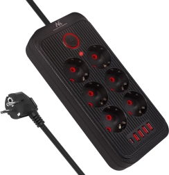 Black power strip 6x schuko with 4x usb‑a and 1x usb‑c, 2500 w