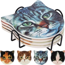 Set of Cat Coasters in Stand, 4 pcs