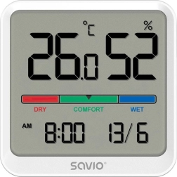 Дигитален термометър и хигрометър SAVIO с LCD, часовник и дата, магнитен държач – Бяла