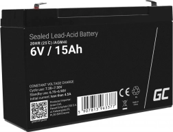 Необслужваем AGM акумулатор GREEN CELL 6 V 15 Ah за аларми, касови апарати и играчки