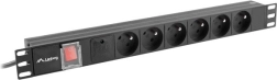 Рак разклонител за захранване 19" 1U 16A, 6× FR контакта, 2 м, черен