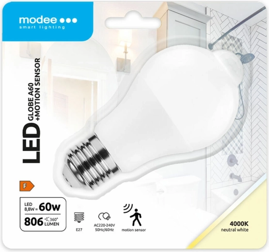 Modee Lighting интелигентна LED крушка A60 8,8 W E27, неутрално бяла с PIR сензор за движение