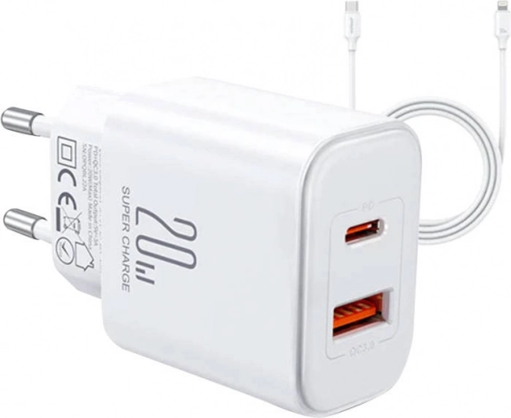 Joyroom Flash 20W wall charger with two outputs + USB-C to Lightning cable 1 m, white
