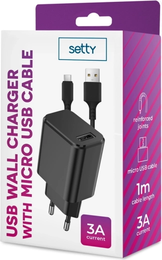 Мрежово зарядно SETTY 1x USB 3A черно + microUSB кабел 1 м