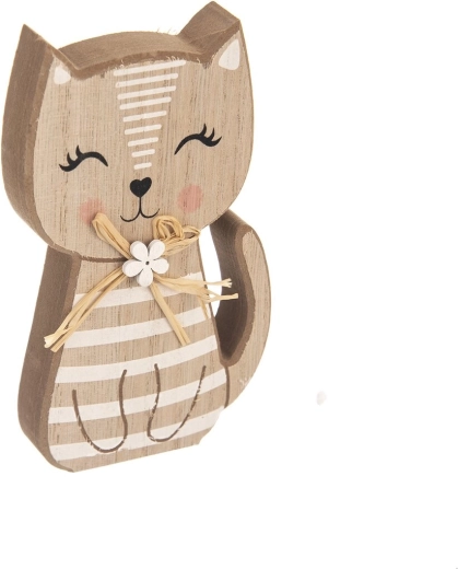 Wooden cat decoration, striped brown-white, 15 cm