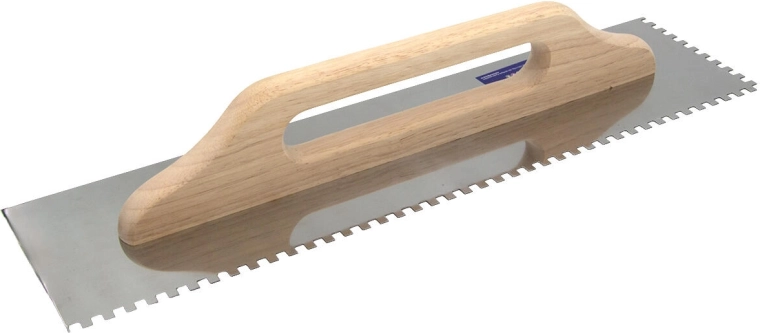 Stainless steel trowel with 6 mm teeth, 500 × 130 mm, wooden handle