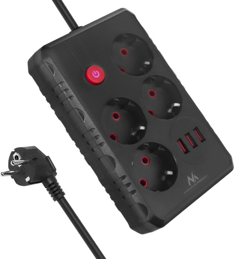 Удължител с защита от пренапрежение MACLEAN MCE393, 4 контакта и 3× USB, 3 м, черен
