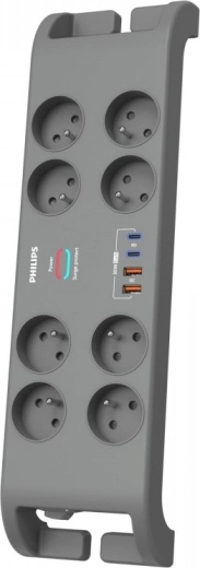 Пренапрежителен защитен удължител 2 m, 8 контакта, 2× USB‑C и 2× USB‑A, 30 W GaN, 2400 J – PHILIPS
