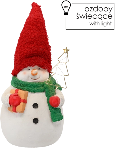 Christmas snowman figurine with red hat and LED lighting
