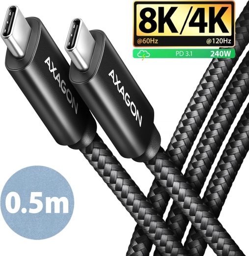 AXAGON USB-C to USB-C cable 0.5 m USB4 40 Gb/s, PD 240 W, 8K, aluminum ends, braided