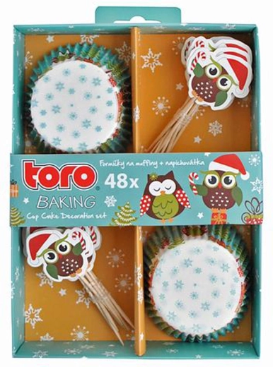Хартиени кошнички за мъфини с клечки TORO – коледни сови, 24 бр.