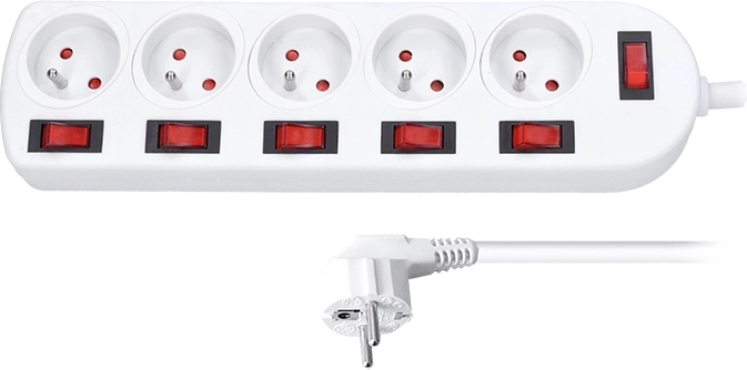 Solight разклонител с ключове, 5 гнезда, 2 м, бял