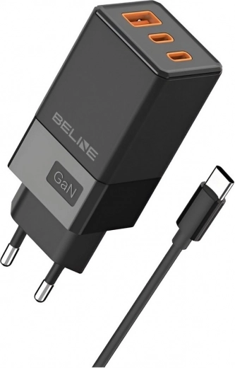 65W GaN Wall Charger 2x USB‑C + USB‑A with USB‑C Cable – black