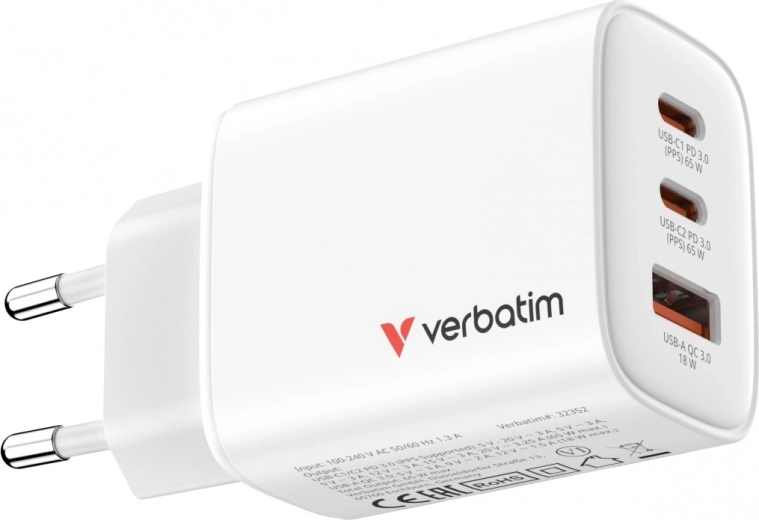 Verbatim Essentials GaN Charger 65 W (2× USB-C PD 3.0 + 1× USB-A QC 3.0), EU, White
