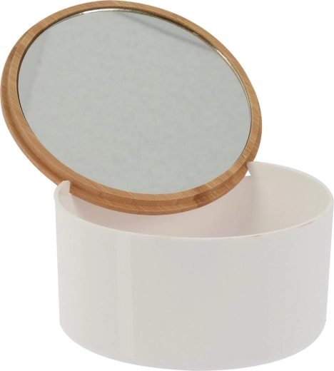 Jewelry and cosmetics organizer with mirror 13 cm, plastic and bamboo, round or square