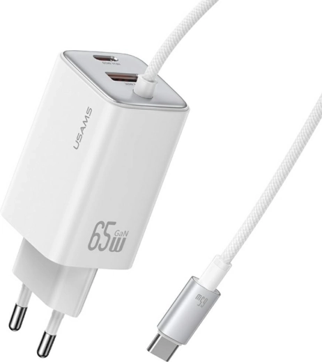 USAMS JC Series 65W GaN wall charger with integrated USB-C cable (2× USB-C, 1× USB-A), white