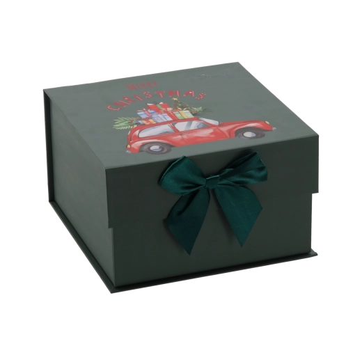 Christmas gift box in the shape of a car with a green bow