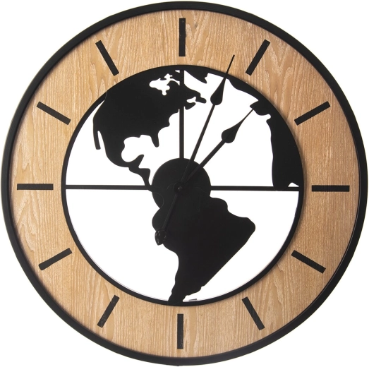 Wood and Metal Wall Clock with World Map Motif, 60 cm