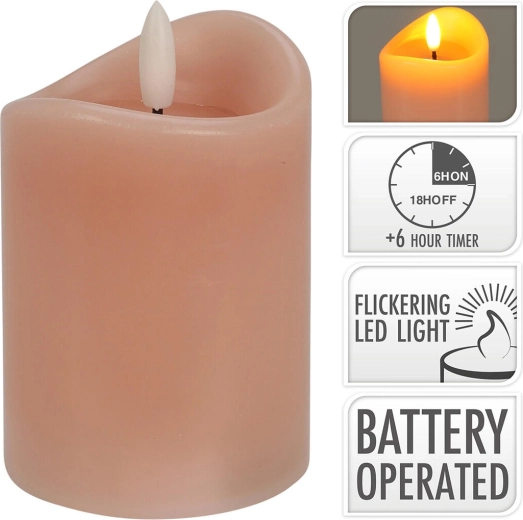 LED candle with flickering flame and timer, pink 7 × 10 cm