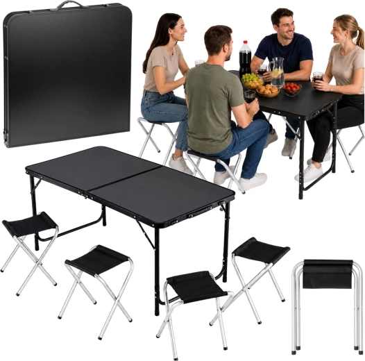 Foldable camping set: table and 4 stools in a suitcase, black