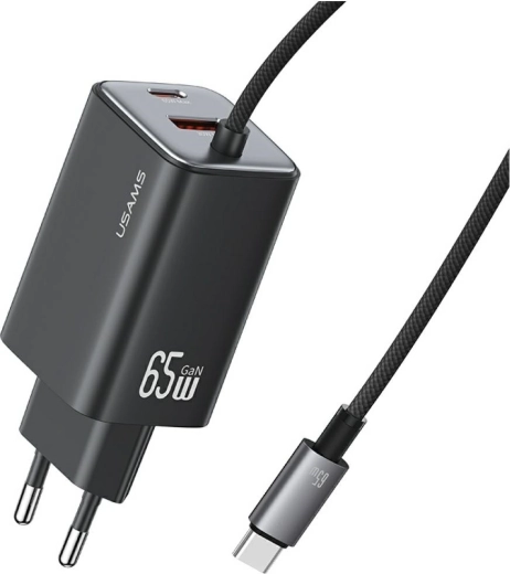 USAMS JC series GaN 65W wall charger with integrated USB‑C cable (2× USB‑C, 1× USB‑A), black