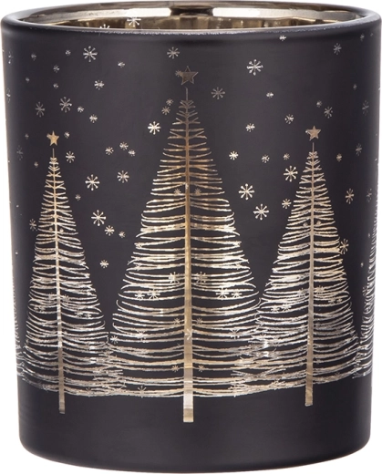 Glass candle holder with gold interior and tree motif, black, 8 cm