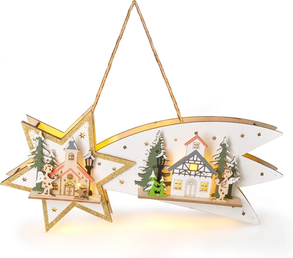 Solight LED дървена коледна комета с таймер 10× LED, топло бяла, 31 см - 1 брой