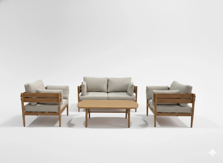 Aluminum garden seating set Podgorica, 4 pieces (sofa, 2 armchairs, coffee table) – brown frame, beige cushions