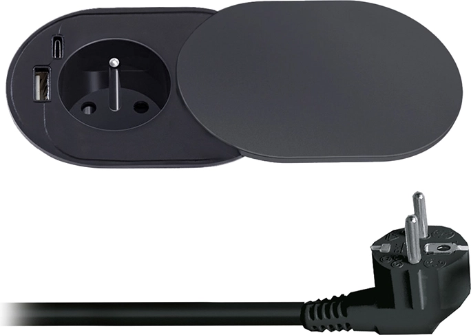 Solight вградeн контакт 230 V с USB-A и USB-C 20 W PD с плъзгащ се капак, 2 m, матово черен