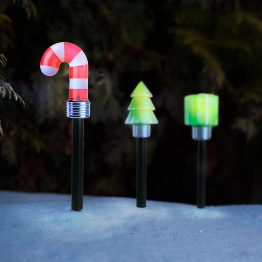 Christmas Solar LED Garden Stake in the Shape of a Gift, Tree, or Candy Cane - 1 Piece