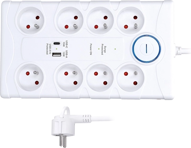Solight разклонител със защита от пренапрежение с 8 гнезда и USB-A/USB-C, 2 м, бял