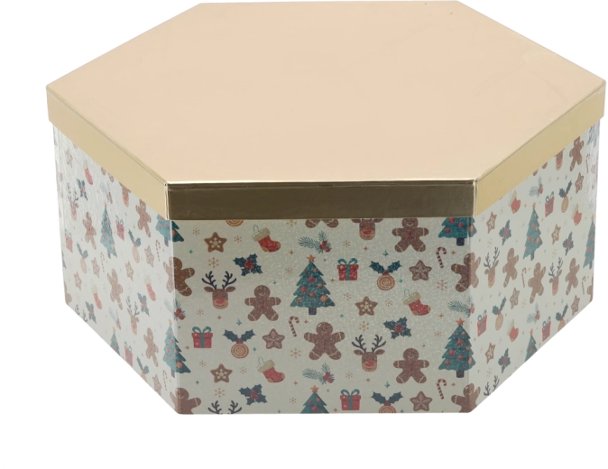 Коледна подаръчна кутия хексагон със златен капак 33 × 28,5 × 12 см - 1 брой