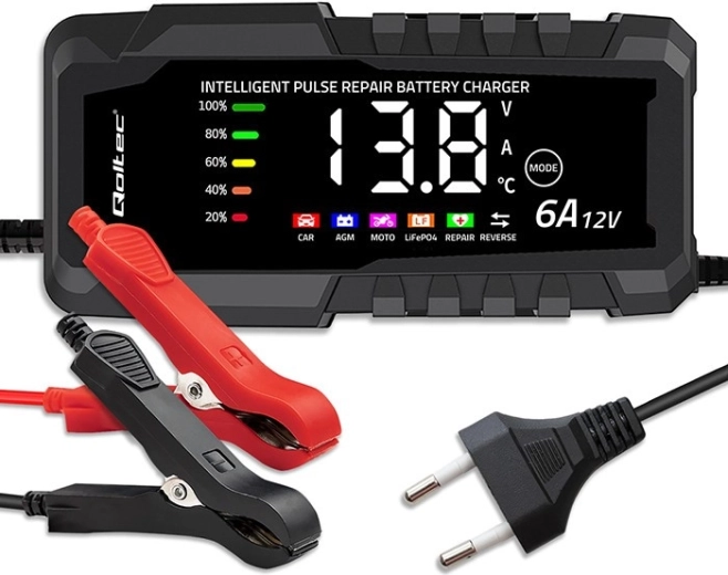 Microprocessor Charger 12 V 6 A with Repair Function for AGM, GEL and LiFePO4 Batteries with LCD