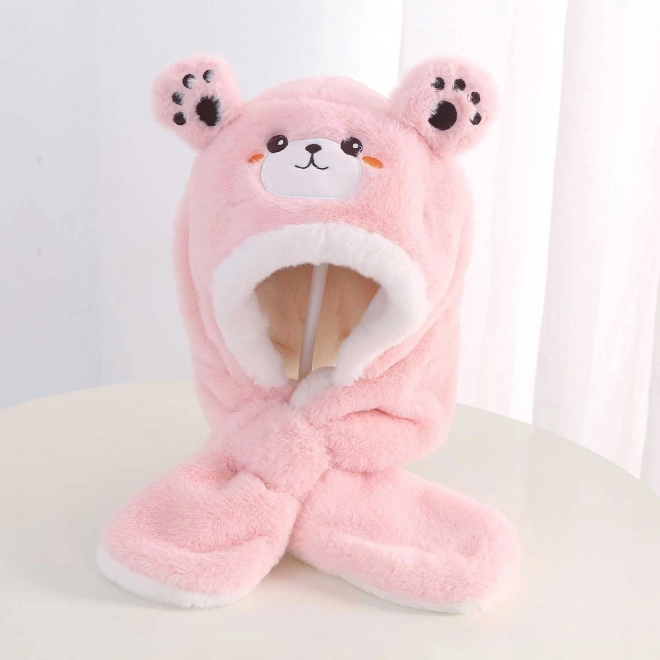 Kids’ Plush Hat with Scarf – Bear – Light Pink