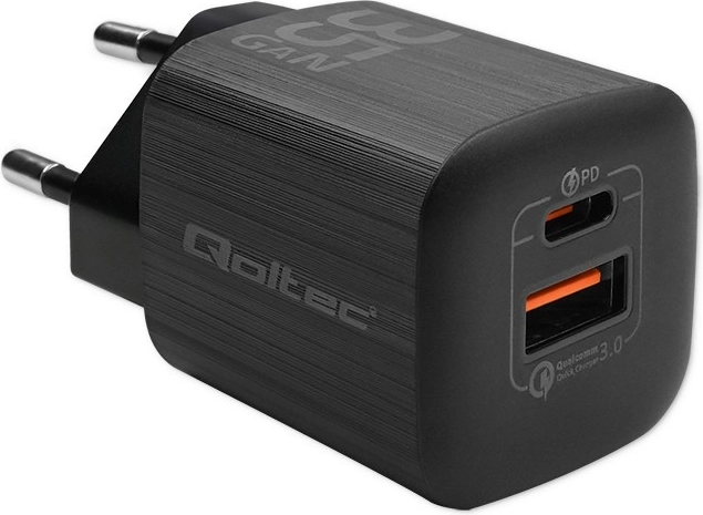 Мрежово зарядно QOLTEC 35 W GaN Ultra, 1× USB‑C PD + 1× USB‑A, черно