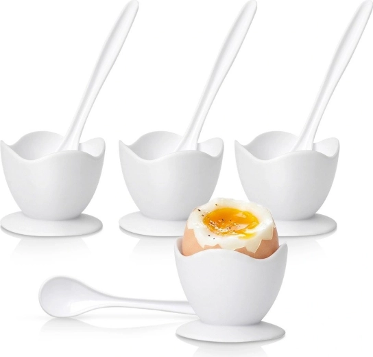 White egg cups with spoons, set of 4
