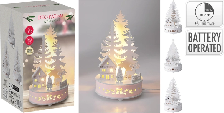 LED wooden tree decoration 20 cm with timer - 1 piece