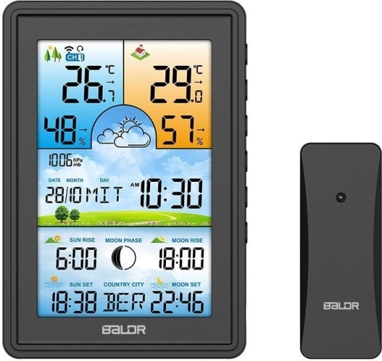 Wireless weather station with thermometer, hygrometer, alarm clock and moon phase – black