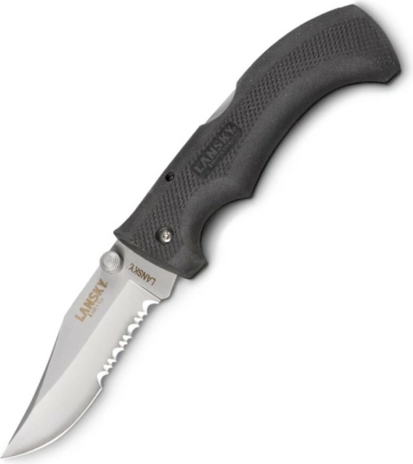 Lansky Easy Grip universal pocket knife with partially serrated edge, black