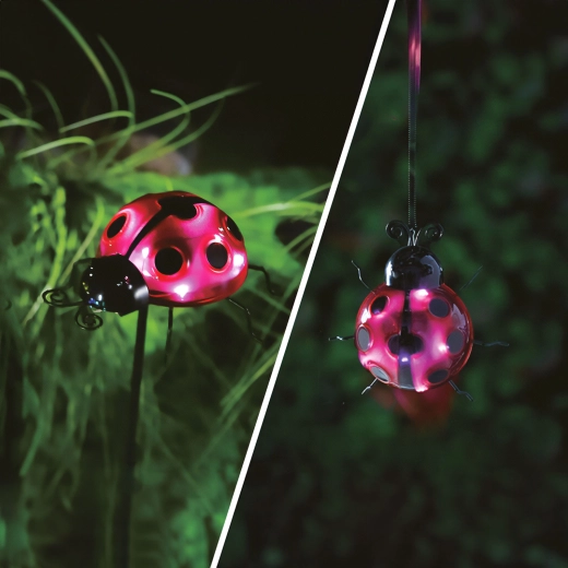 Solar LED ladybug garden lamp, stake or clip-on, red