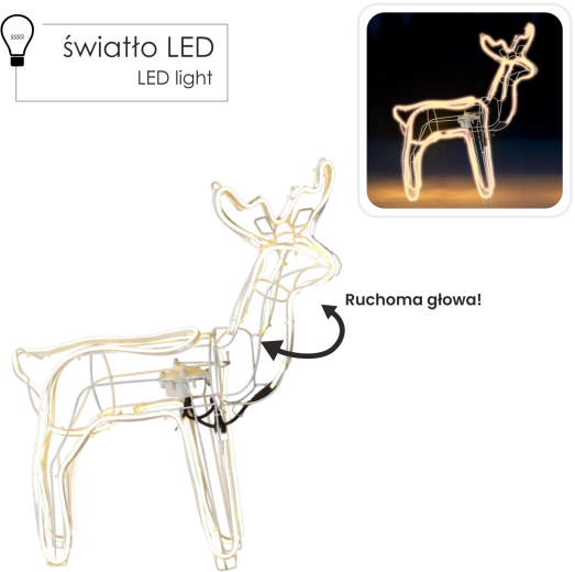 Christmas LED reindeer with movable head 64 × 22 × 70 cm, warm white, for indoor and outdoor use