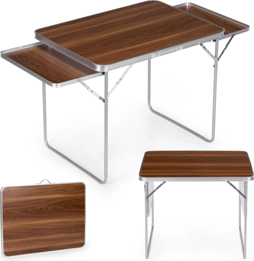 MultiGarden folding camping table 120 × 60 cm with 2 side shelves, brown