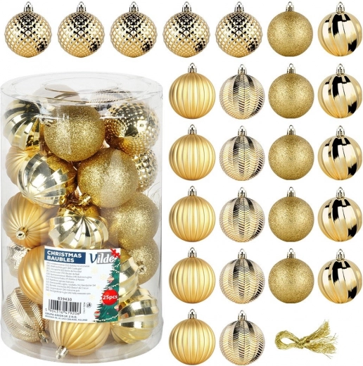 Set of Gold Shatterproof Christmas Balls 6 cm, 25 pcs