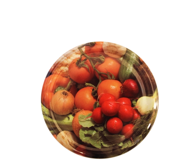 Twist-off lid TO 66 with a vegetable motif (radish with onion)