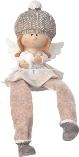 Sitting polystone angel with cap, beige, 10 cm