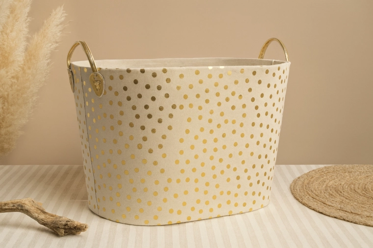 Textile laundry and toy basket with polka dots, gold/silver details, 38 × 48 × 34 cm